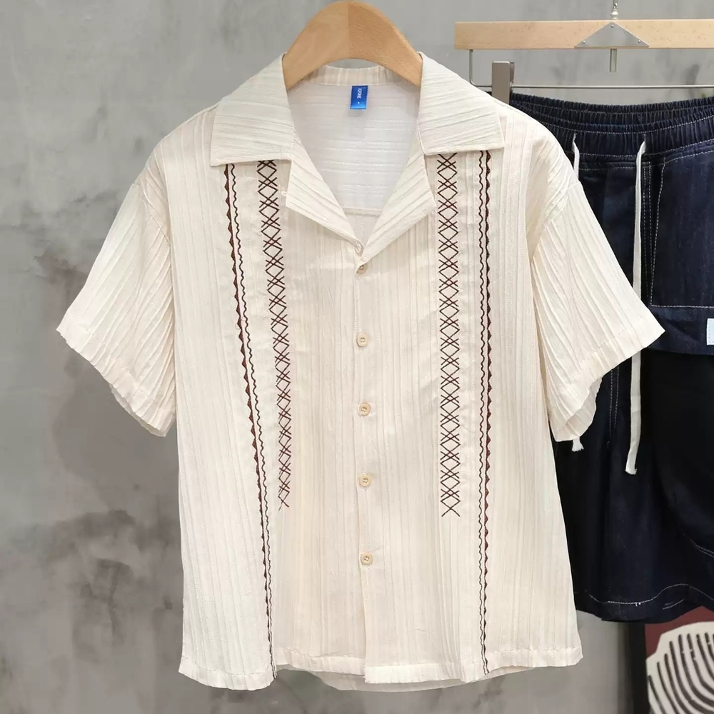 Beige Textured Embroidered Camp Shirt